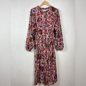 St. John's Bay Women's Paisley Floral Print Midi Dress 2X Belted Peasant Ruffles